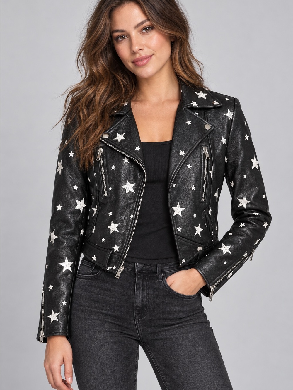 VIGOSS Women’s Small Black Faux Leather Star Print Moto Biker Jacket